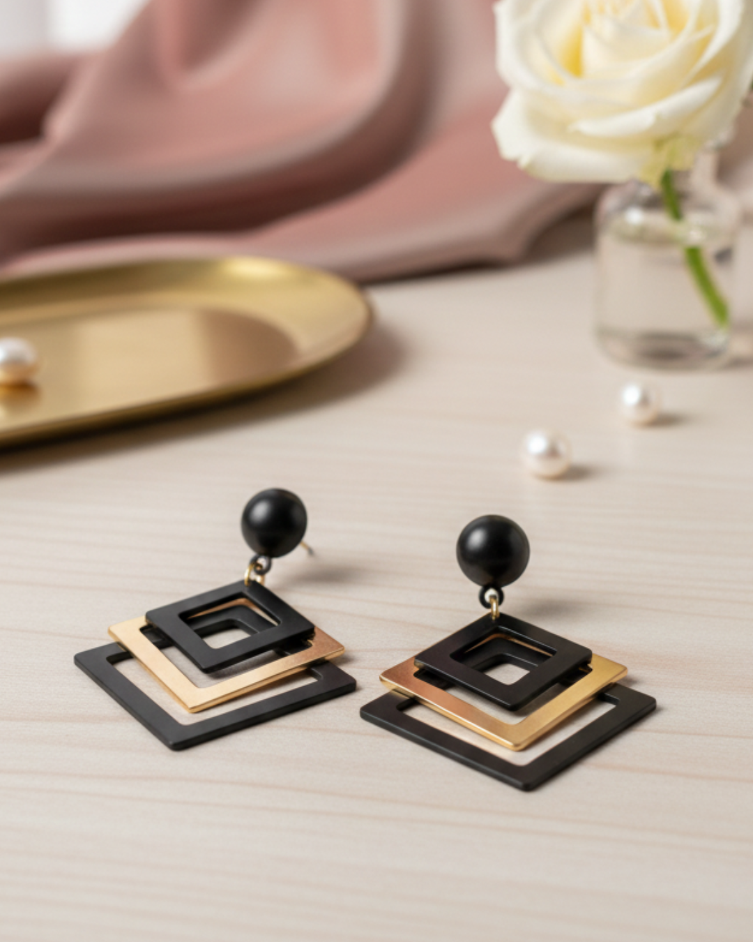 Black & Gold Geometric Drop EarRing